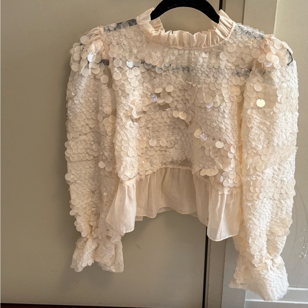 Cream Sequin Long Sleeve Blouse